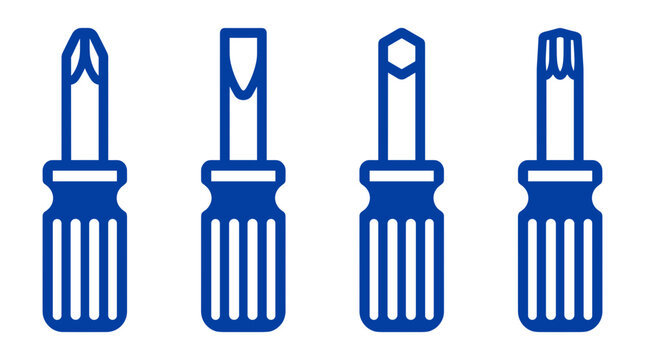 Set of four blue screwdriver bit icons with different head types against a white background