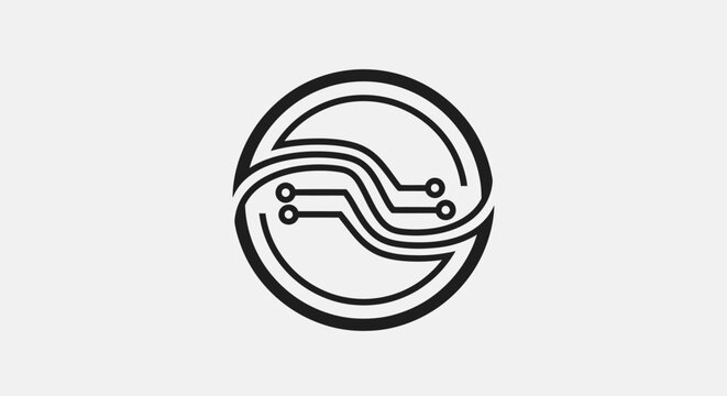 Minimalist circular logo design featuring integrated circuit lines for technology branding.