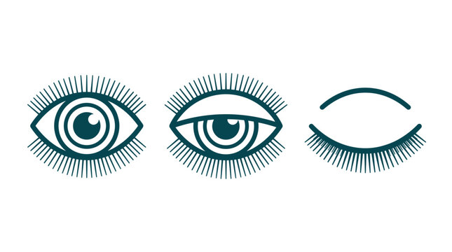Set of stylized eye icons with varying levels of detail and open/closed eyes, suitable for visual communication and graphic design