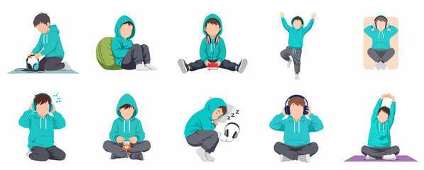 Vector illustration set of a young boy in a turquoise hoodie engaged in various activities like listening to music, reading, sleeping, and exercising in a flat design style. © Shab