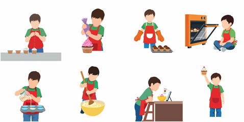 Fototapeta premium Set of vector illustrations featuring a young boy baking cupcakes, from mixing batter and following a recipe on a tablet to decorating and showing the finished treats.