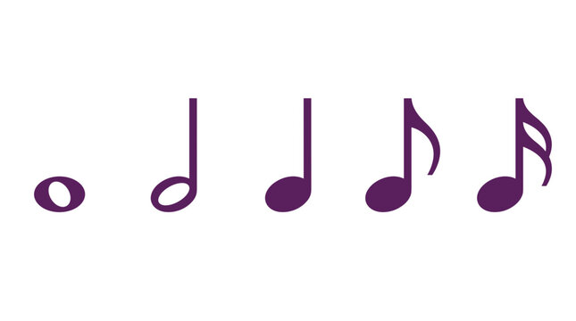 Set of purple musical notes including an eighth note, quarter note, half note, and whole note against a white background