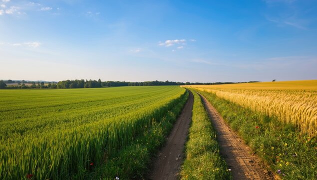 Soothing summer environment showing green farmland and golden wheat fields