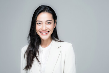 Obraz premium Smiling Asian woman in a white blazer creates a clean, modern visual suitable for professional branding, corporate identity, and beauty advertising.