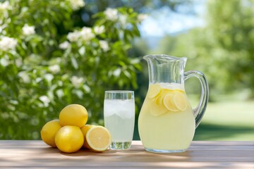 Fototapeta premium a glass of lemonade in the background, and next to it is a large clear pitcher filled with light yellow liquid and sliced lemons