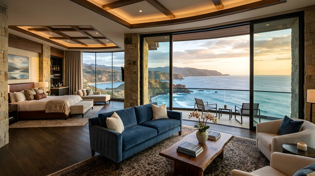 Luxury living room with ocean view and patio furniture at sunset