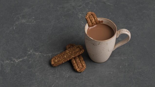 Chocolate drink with cookies on a dark surface