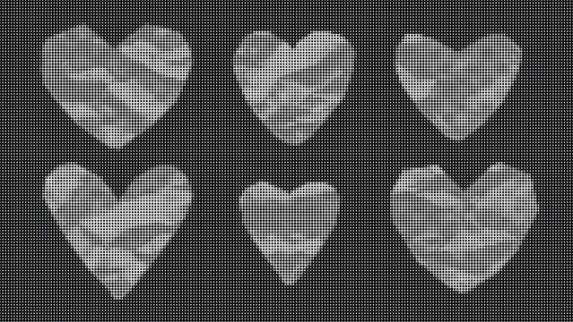 Heart shapes with crumpled texture arranged in two rows on black