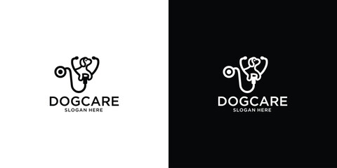 Fototapeta premium Dog Care Logo Design with Stethoscope and Dog Silhouette.