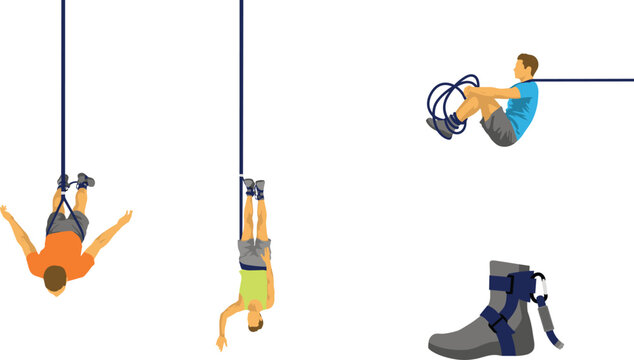 Bungee Jumping Extreme Sport Character Vector Set Featuring Men Free Falling Hanging Upside Down and Safety Ankle Harness Equipment Designs