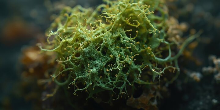 Microscope close up of green fungal mycelium network and spores on spoiled food depicting fungal growth