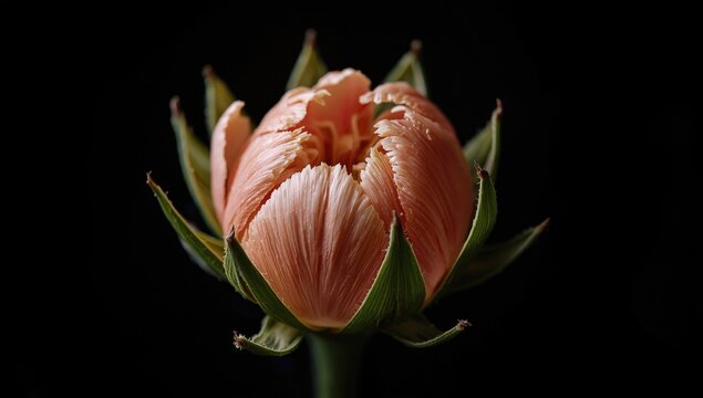 Extreme closeup of tomato flower showing intricate petals and green sepals on black
