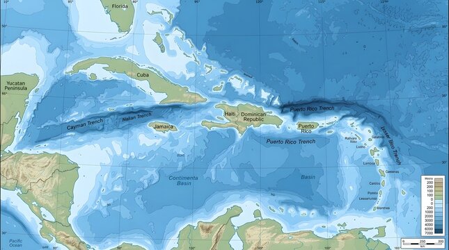Detailed topographic map of the Caribbean Sea and surrounding regions