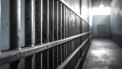 Fototapeta premium Imposing prison cell bars stretch down a dimly lit, sterile corridor, creating a sense of confinement and stark reality.