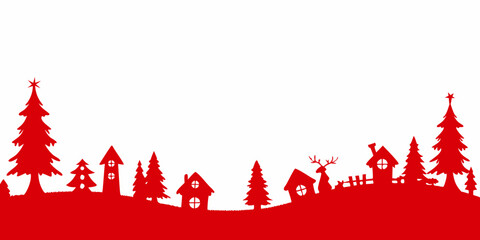 Winter scene silhouette with trees houses and reindeer against white background © Indira