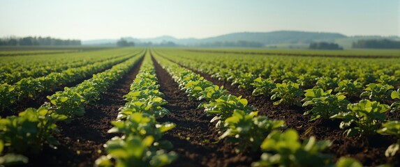 Healthy sweet potato plants arranged in uniform rows across a cultivated field