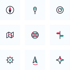 Fototapeta premium Modern navigation icon set, minimalist travel and map location symbols, 9 vector icons for web and mobile interface design