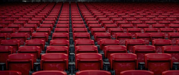 Fototapeta premium Empty rows of red stadium seats arranged in a uniform pattern