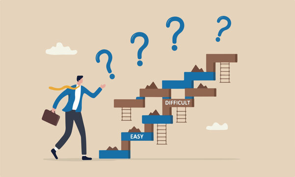ladder opportunity ladder with obstacle concept, businessmen about to climb up easy and difficult career ladder