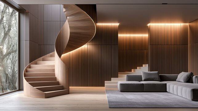 Modern luxury interior with elegant spiral staircase and seating