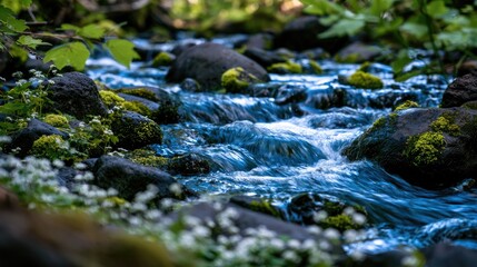Fototapeta premium Blue-tinted water flows over mossy rocks in a forest
