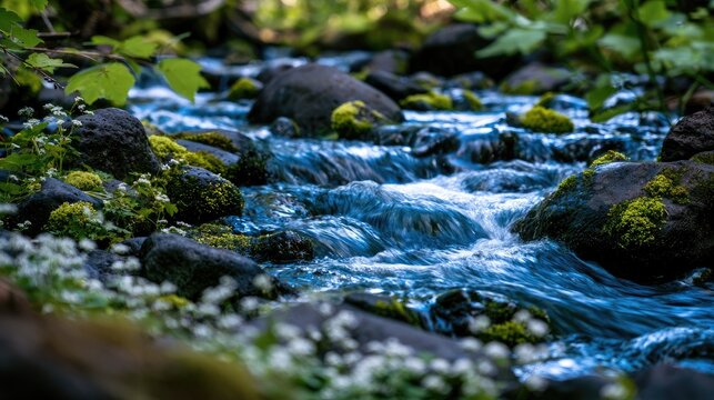 Blue-tinted water flows over mossy rocks in a forest