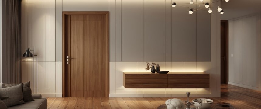 Refined living area displaying a contemporary door and attractive sideboard