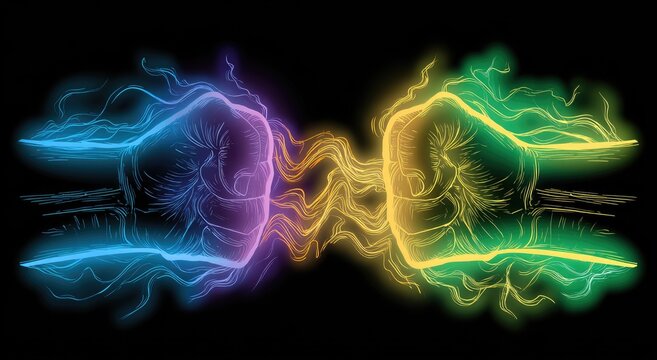 Two fists clash, glowing with vibrant energy in the darkness