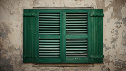 Fototapeta premium Green shuttered window on an aged wall