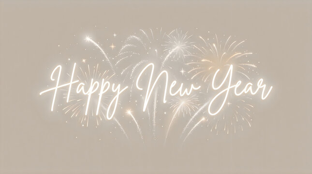Happy new year elegant script greeting on soft neutral background with greeting