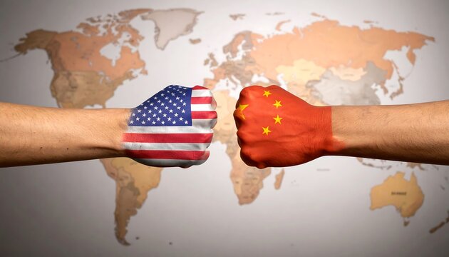 Two fists with USA and China flags on a world map background