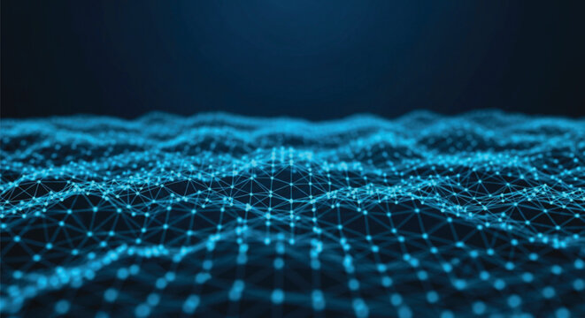 Digital blue plexus network wave with connection dots and lines on dark background technology innovation internet data communication concept abstract graphic.