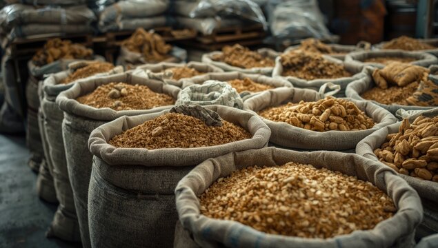 Smuggled bulk contents contained in large cloth sacks placed in warehouse storage