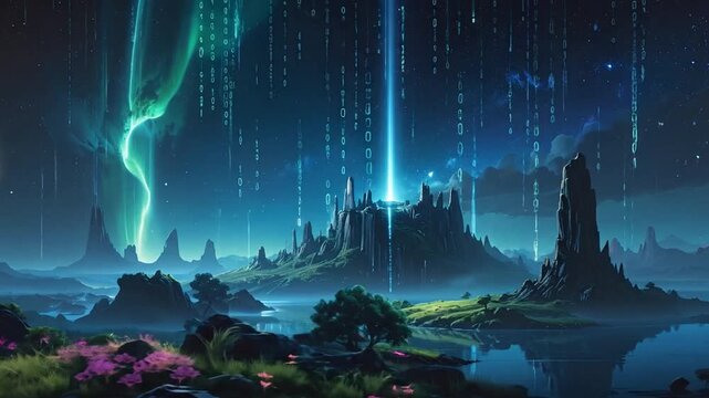 A digital landscape with glowing data rain and mountain peaks