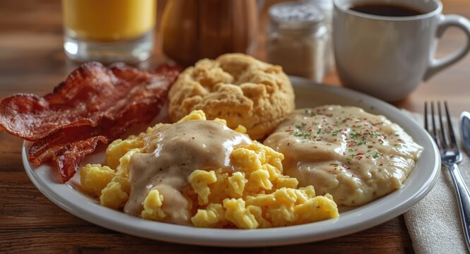 Traditional Southern breakfast with fluffy scrambled eggs biscuits and gravy crispy bacon and creamy grits alongside hot coffee