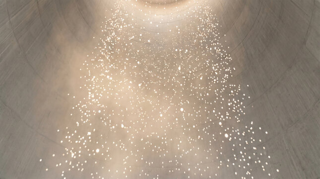 Urea droplets falling inside industrial prilling tower viewed from below in warm humid air