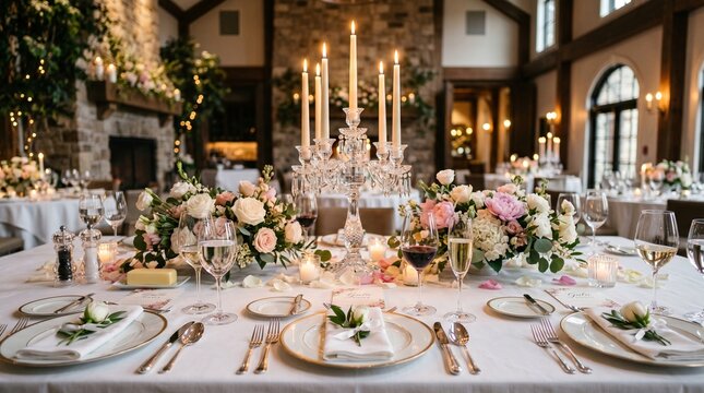 Elegant Luxury Dining Table with Crystal Candelabrum in Sophisticated American Fine Dining Venue