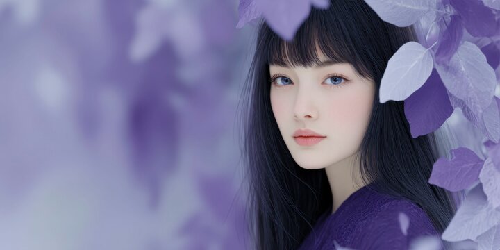 a beautiful girl with blue eyes and black hair against a background of purple flower petals