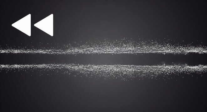 White rewind arrows on a gray background with particle trails creating dynamic motion abstract design element with a modern aesthetic