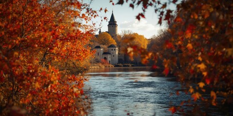 Obraz premium Seasonal autumn riverside setting with well known tower and fiery leaf colors