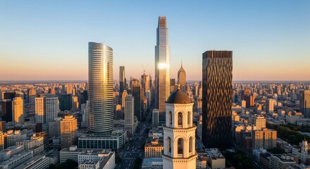 Fototapeta premium Philadelphia cityscape at sunset with golden light reflecting off modern skyscrapers and historic architecture creating a warm urban scene