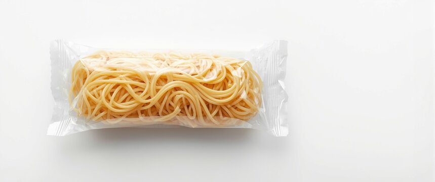 Packaged raw spaghetti pasta on a white background
