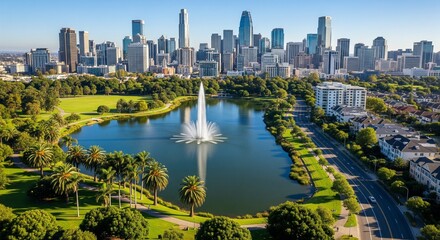 Obraz premium Scenic aerial of Melbourne's city skyline and Albert Park Lake featuring fountain trees and green spaces perfect for travel urban or nature themes