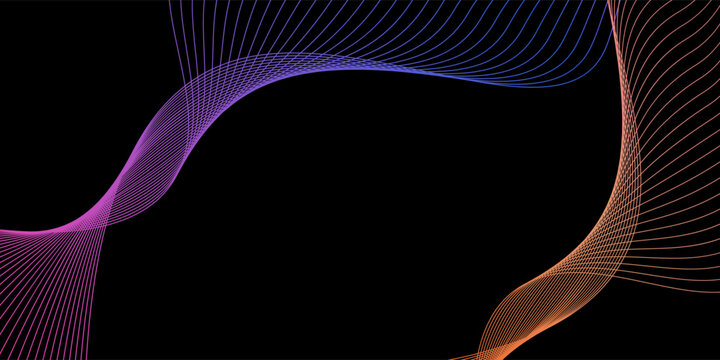Smooth neon sound wave on black background. Abstract flowing wavy lines design for ai concept, eq equalizer, audio record, voice assistant. Blue pink orange gradient curve stripe wallpaper. Vector