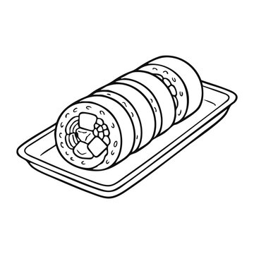 Sliced kimbap korean seaweed rice roll filled with vegetables and meat served on a tray vector line art illustration for asian food packaging or sushi restaurant logo