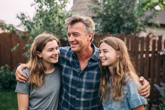 Father's Day. dad, 'silver fox' kind of appearance, with his two teenager  at backyard garden of suburban house , smiling and looking happy, spending quality time together. Parents day. Single parent.
