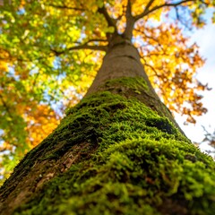Fototapeta premium Moss Covered Tree Trunk Rising Toward Colorful Autumn Canopy in Forest