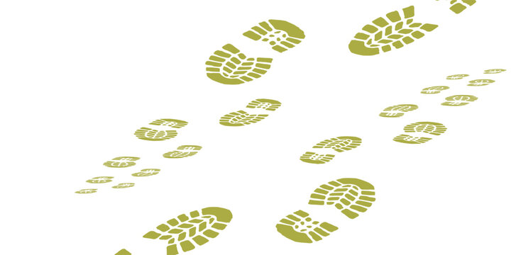 Green Boot Prints Trail Pattern On White Background, Footprint Tracks Suggesting Hiking, Movement And Eco Concept