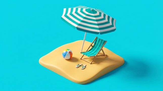 Isometric Beach Scene with Relaxing Person Under Umbrella