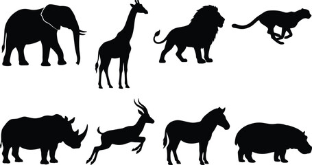 African Safari Wildlife Animals Black Silhouette Vector Icon Set Featuring Elephant Giraffe Lion and Rhino © MdRasel